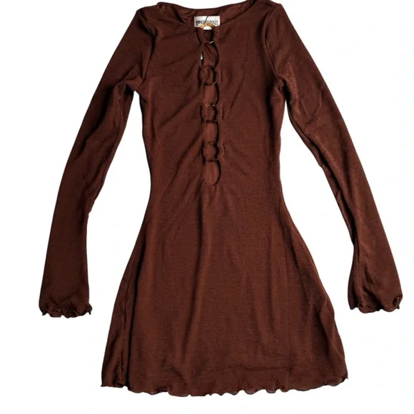 NWT Princess Polly Dejonge Ring Detail Long Sleeve Minidress Brown US 2 - Picture 2 of 9